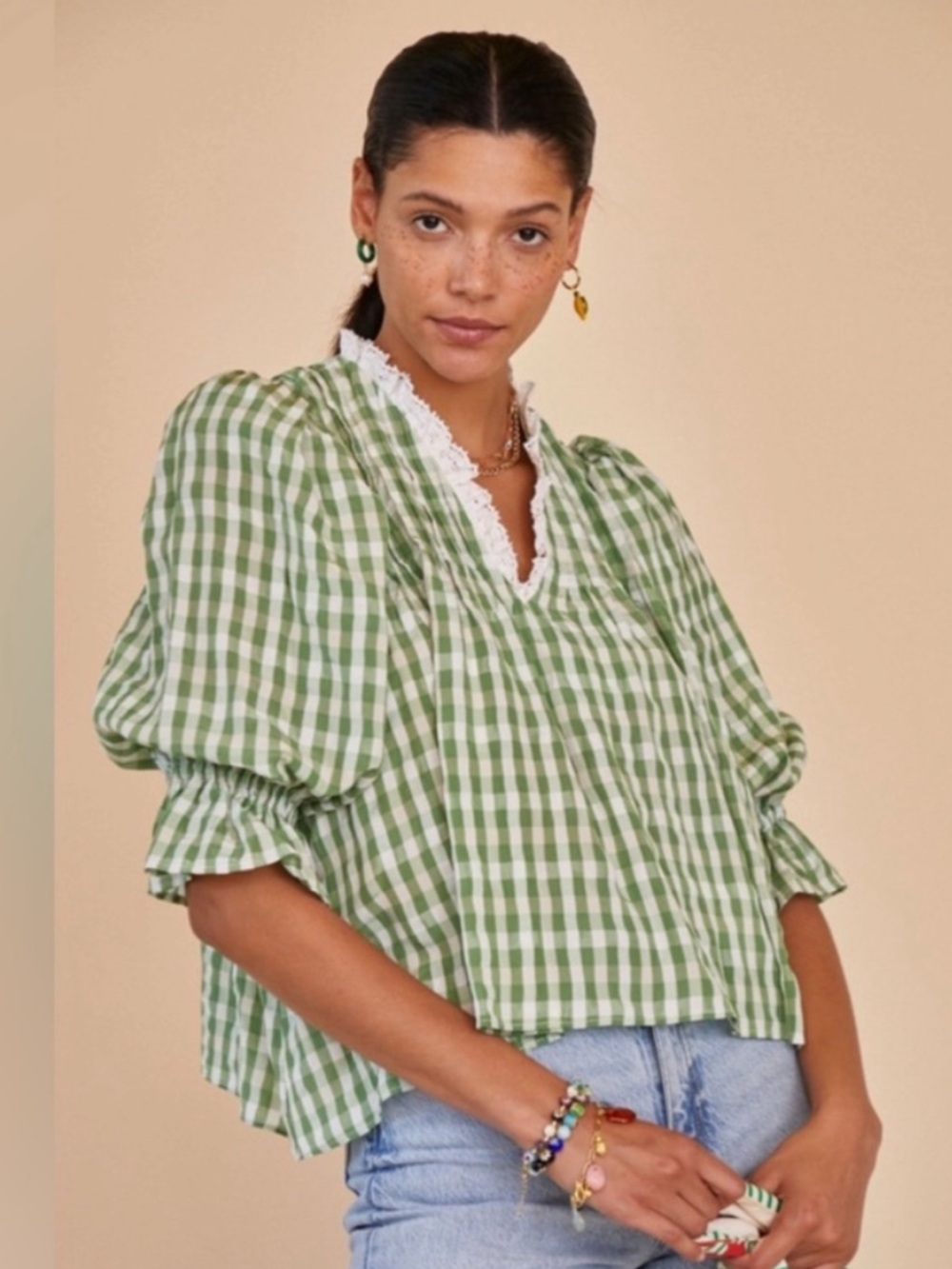 HUNTER BELL Mia Green Check Gingham Lace-Trim Puff Sleeve Blouse